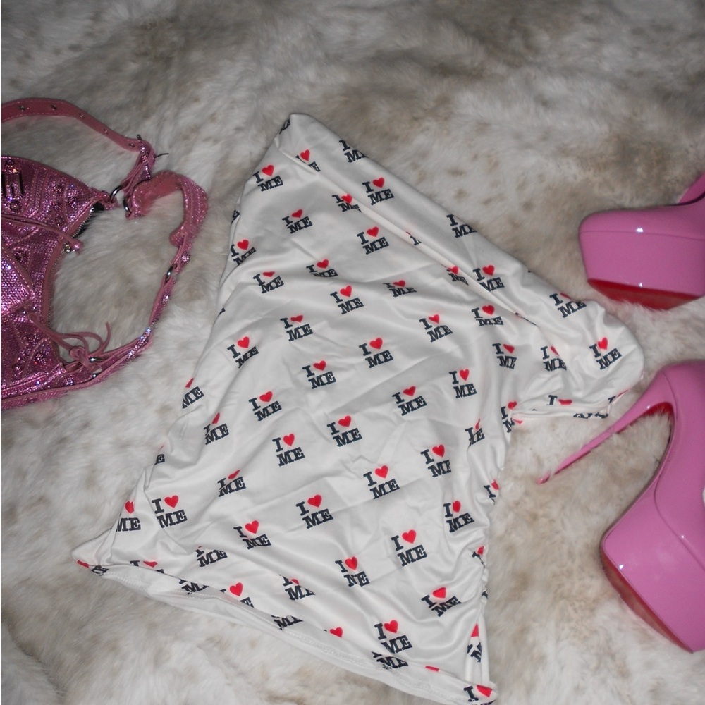 White slouch off shoulder top with 'I Love Me' Print